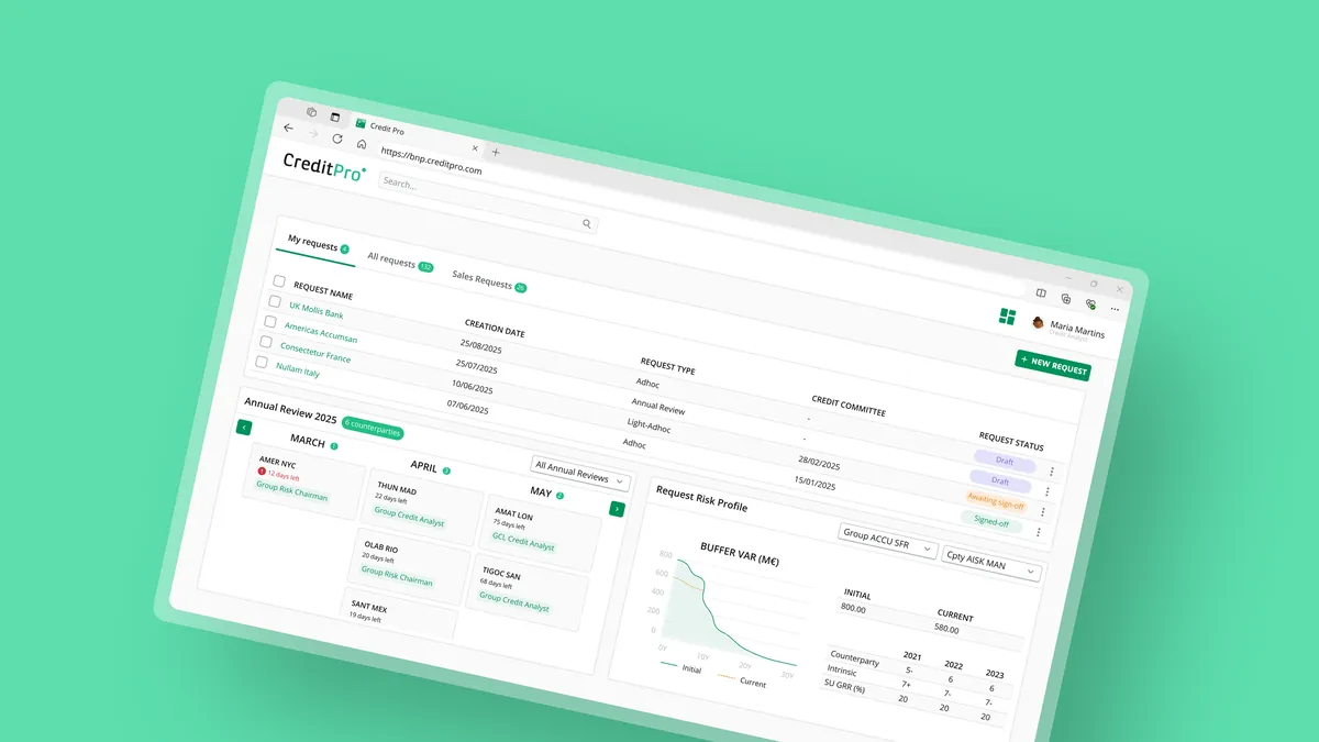 Credit Pro dashboards for BNP Paribas shown on desktop screens