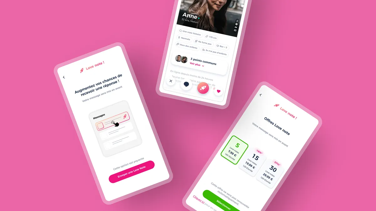 Meetic Love Note screens on mobile phones